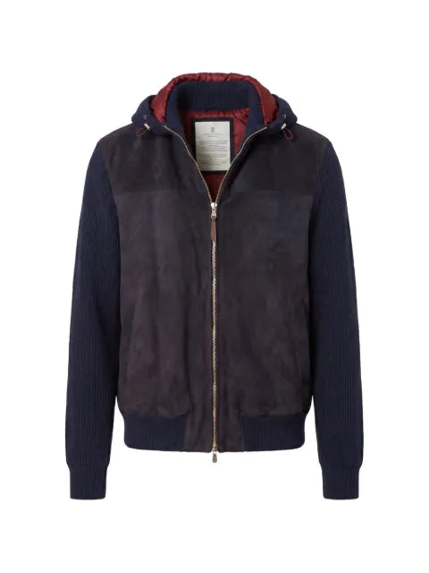 Brunello Cucinelli suede and cashmere knit hooded bomber jacket with thermore® padding