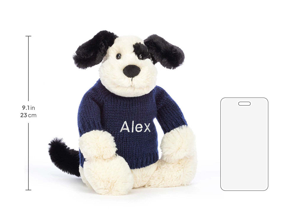 Bashful Black & Cream Puppy with Personalized Navy Jumper