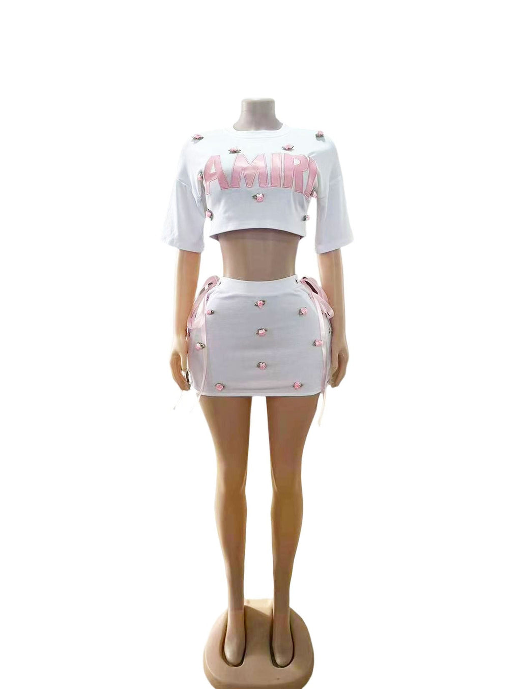 Amiri Letter and 3D Rose Applique Crop Top and Mini Skirt Set Women