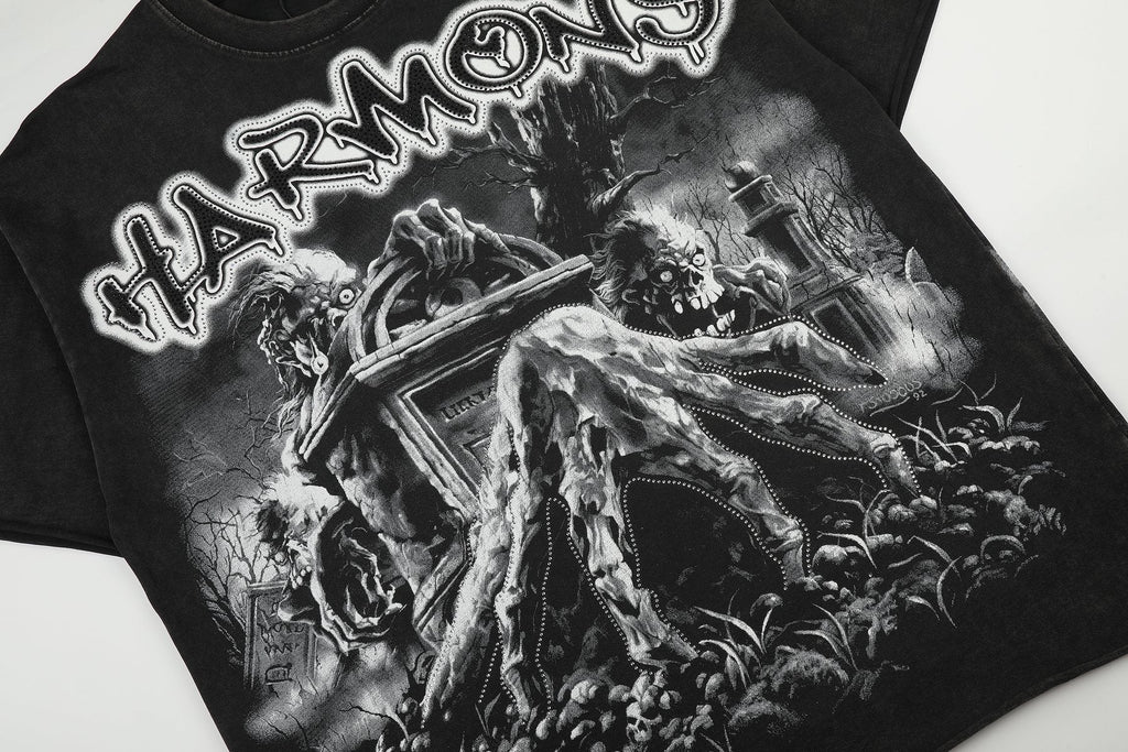 HARMONY Washed Black Rhinestone Graphic T-Shirt
