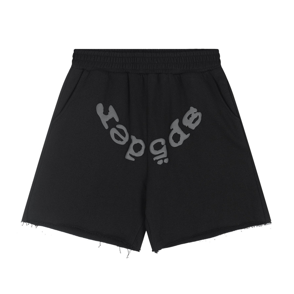 Sp5der Curved Wordmark Raw-Hem Shorts