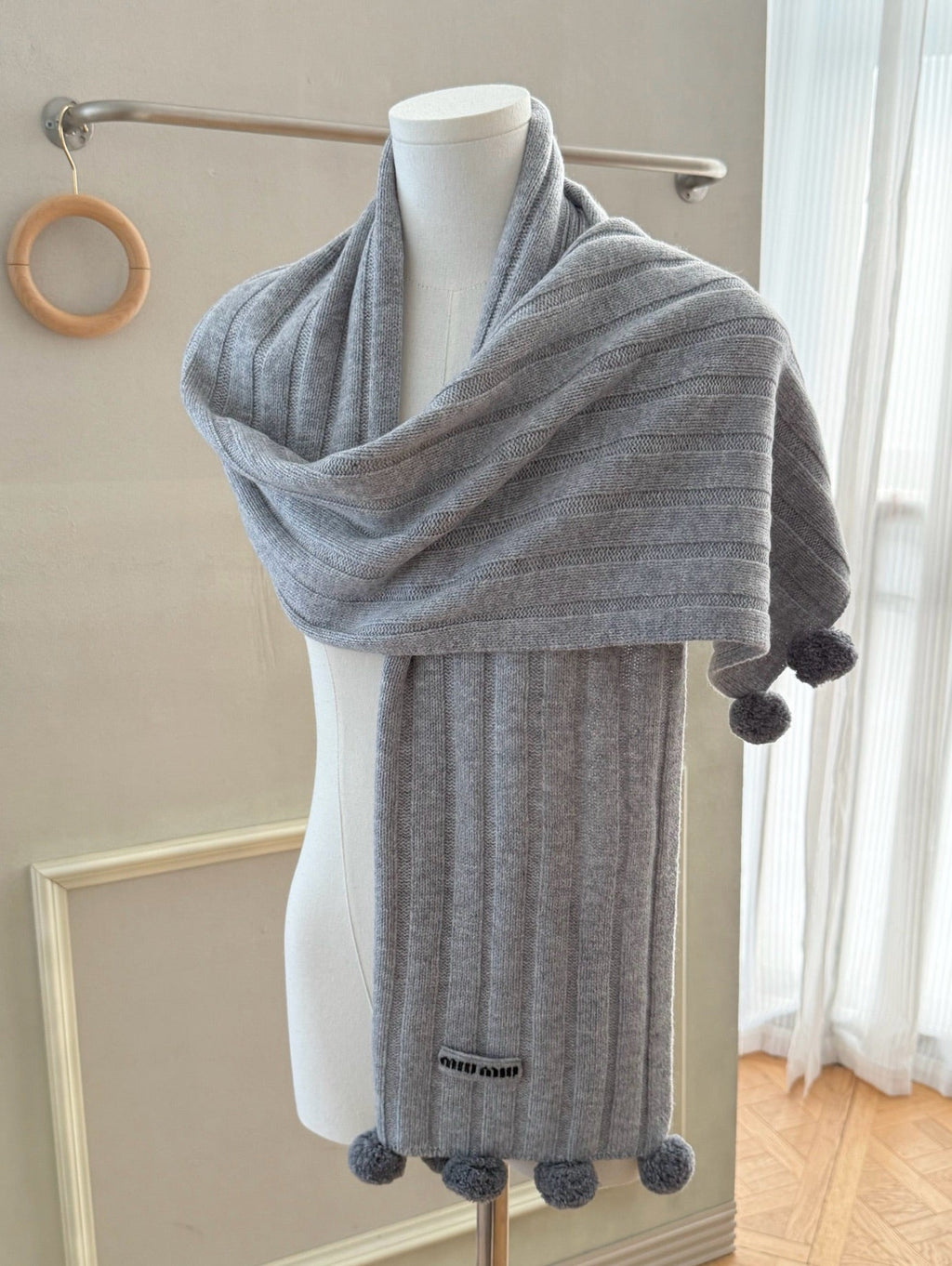 Miu Miu Style Pom-Pom Rib-Knit Scarf