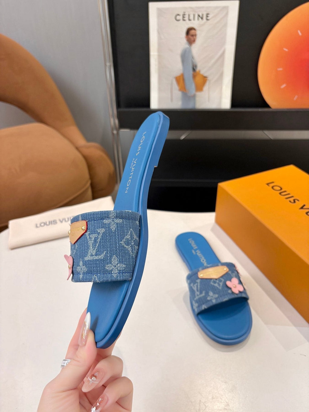 Louis Vuitton Blue Floral Slide Sandals