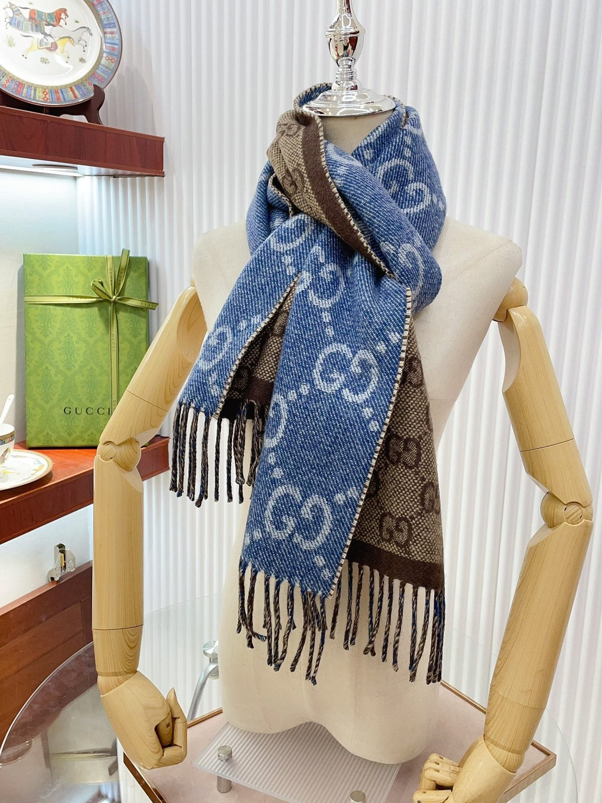 Gucci Blue & Brown Reversible Fringed Scarf
