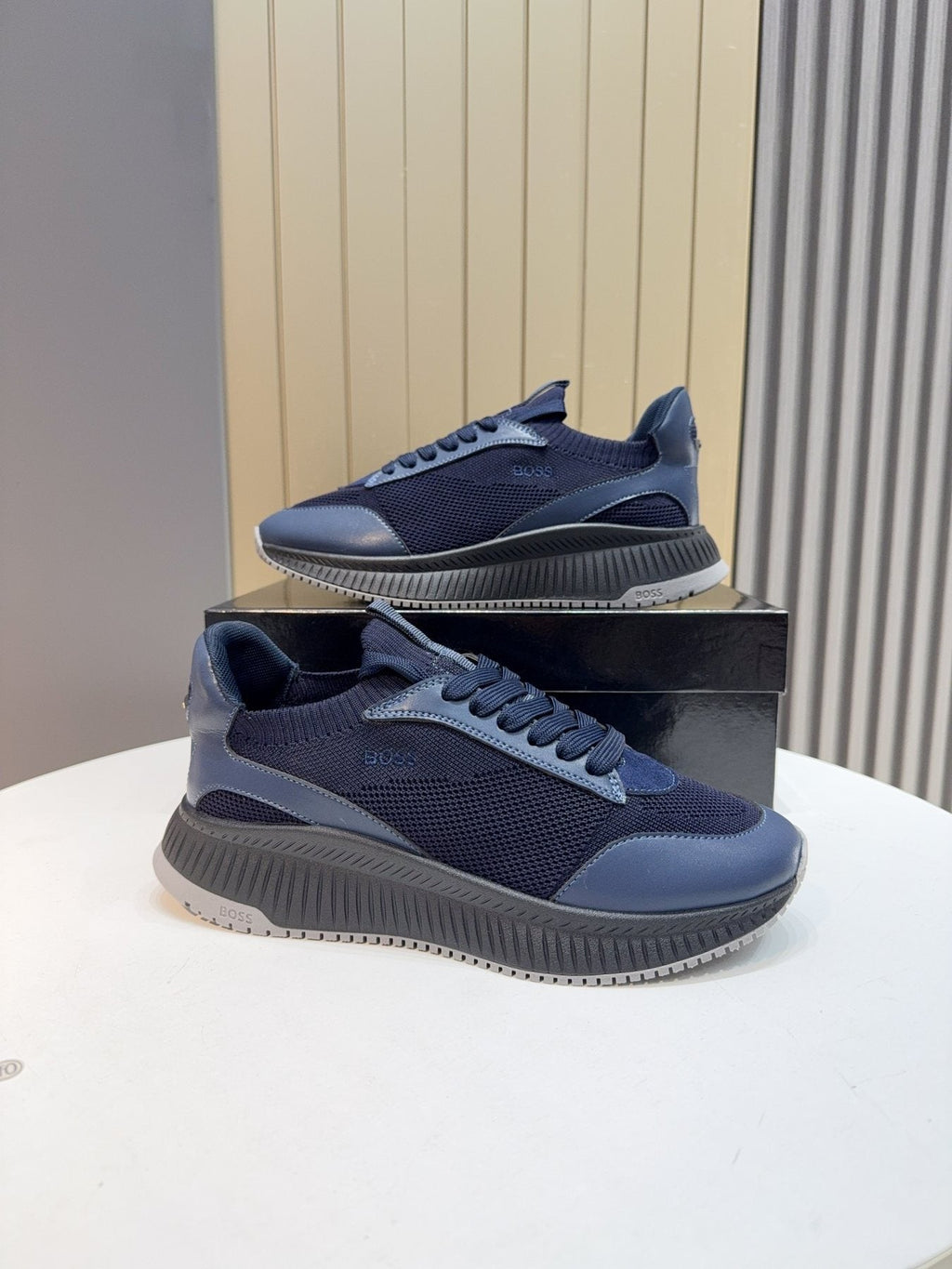 BOSS Navy Blue Knit Running Shoes