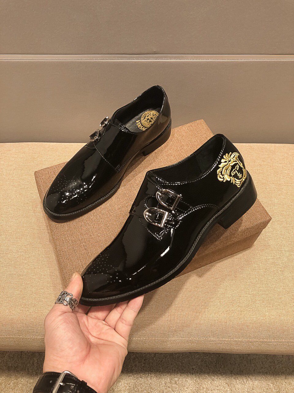 Versace Men's Black Embroidered Dress Shoes