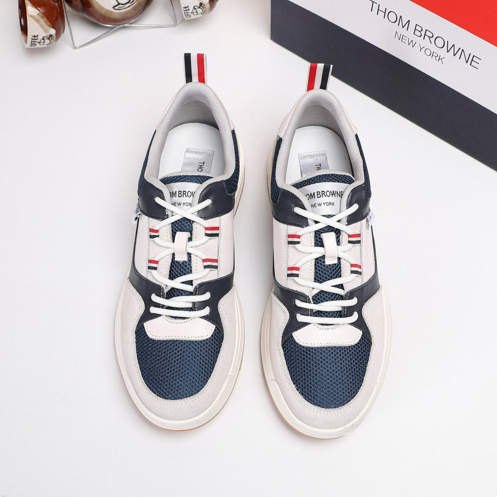 Thom Browne White Navy Panel Low-Top Sneakers
