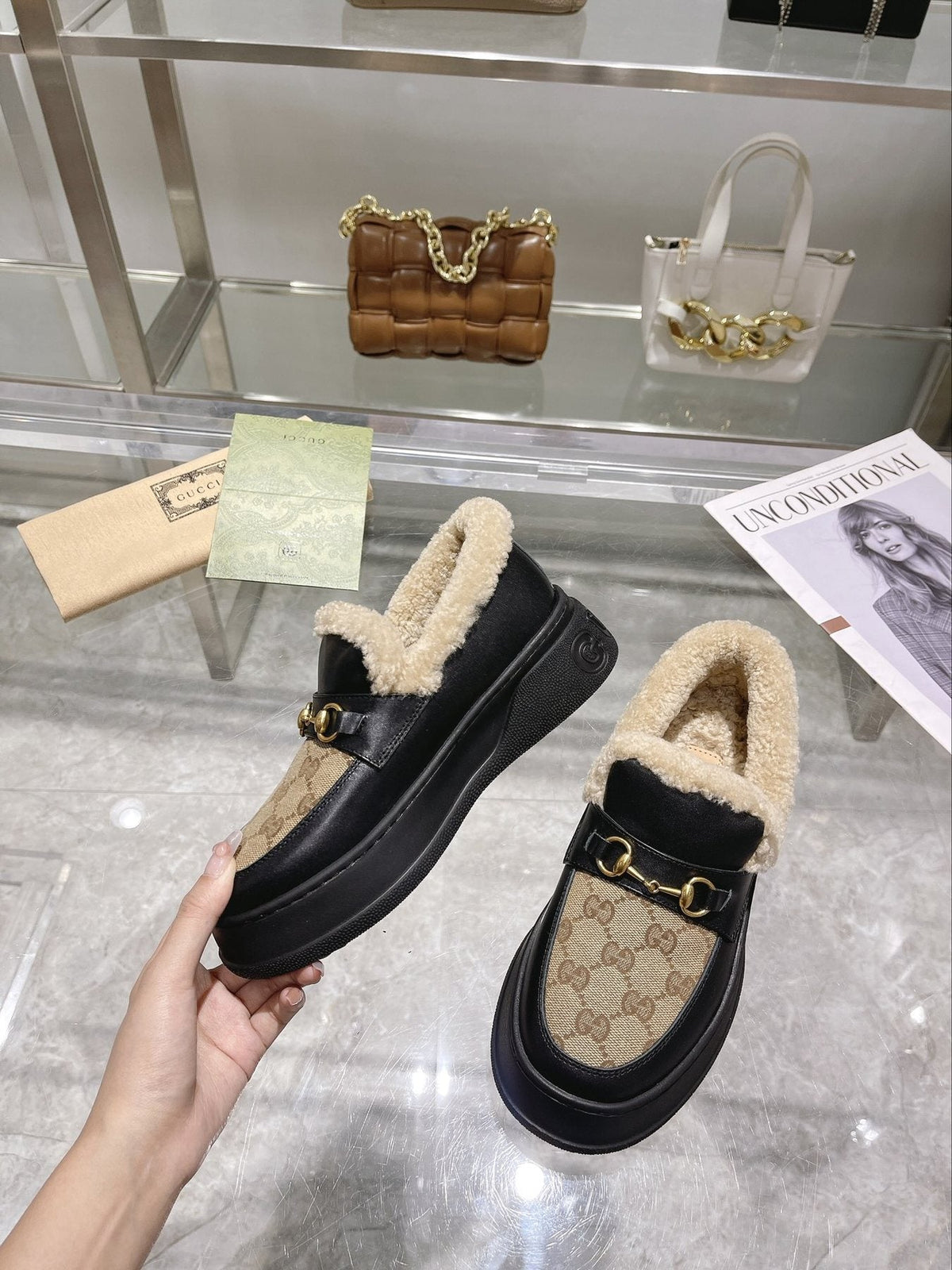 Gucci Patterned Plush-Lined Platform Slip-On Shoes