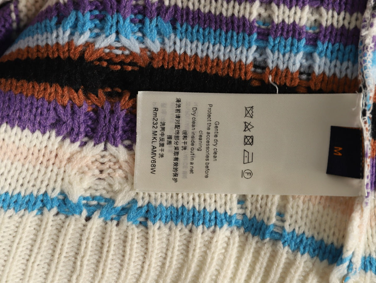 Louis Vuitton Retro Multicolor-Stripe Stand-Collar Zip Knit Cardigan - Cream